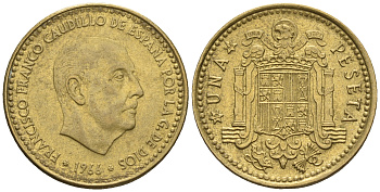 Испания 1 песета 1966 (68) Франциско Франко (1939-1975) КМ 796 алюминиевая бронза 85-653