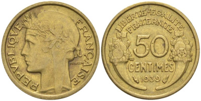 ФРАНЦИЯ 50 САНТИМОВ 1939 ТИП MORLON KM 894.1, LE FRANC 192.15 алюминиевая бронза 44-867