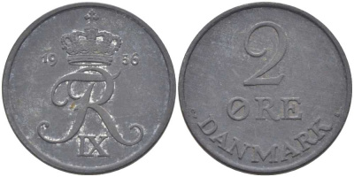 Дания 2 эре 1956 C; S, Фредерик IX (1947-1972) KM 840.2 цинк 67-246
