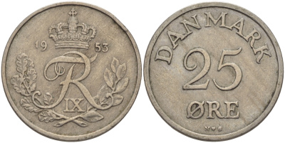 Дания 25 эре 1953 N; S, Фредерик IX (1947-1972) KM 842 медно-никель 28-356