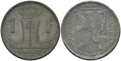 Бельгия 1 франк 1942 Belgique - Belgie, Леопольд III (1934-1947), германская оккупация, Вторая мировая война KM 127 цинк 25-1253