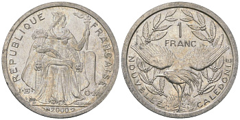 Французская Новая Каледония 1 франк 2000 птица кагу, (IEOM) KM 10, Schoen 10, Lec 52e алюминий 45-1014