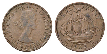 Великобритания 1/2 пенни 1963 Елизавета II (1952-2022) KM 896, Spink 4158 бронза    4660-644