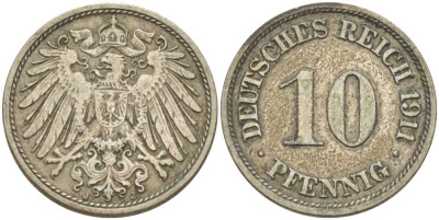 ГЕРМАНИЯ 10 ПФЕННИГОВ 1911 J KM 12, J. 13, Weege 8 медно-никель 212-145