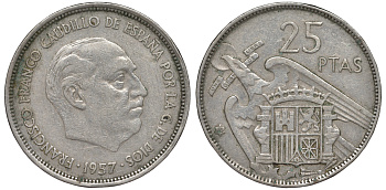 ИСПАНИЯ 25 ПЕСЕТ 1957 (63) ФРАНСИСКО ФРАНКО ДИКТАТОР ИСПАНИИ (1939-1975) KM 787 медно-никель 45-934