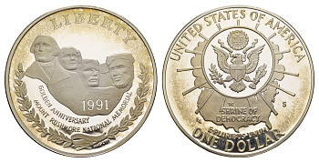 США 1 доллар 1991 S, 50 лет мемориалу президентов, гора Рашмор KM 229 серебро  PROOF  1091-10-33