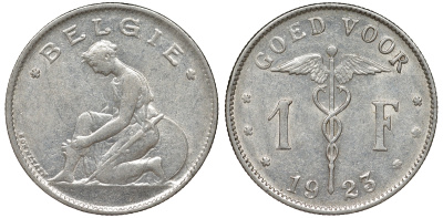 Бельгия 1 франк 1923 Belgie, Альберт I (1909-1934) KM 90 никель 51-1131