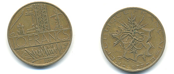 Франция 10 франков 1977 тип Матье KM 940, Le Franc 365.9-10 никель латунь 89-1416
