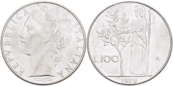 ИТАЛИЯ 100 ЛИР 1975 R, АФИНА, ДИАМЕТР 28 ММ. KM 96.1 нержавеющая сталь 4394-132