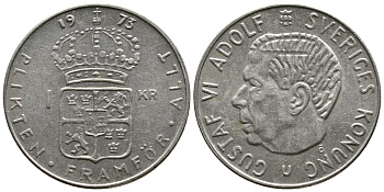 Швеция 1 крона 1973 Густав VI Адольф (1950-1973) KM 826а медь плакированная медно-никелем 4380-537