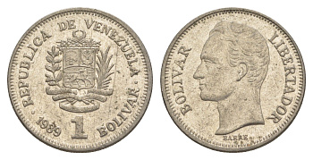 Венесуэла 1 боливар 1989 Симон Боливар, тонкий шрифт Y 52a.1 сталь плакированная никелем 4589-827