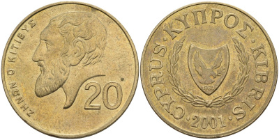 Кипр 20 центов 2001 KM 62.2 никель латунь 4140-912