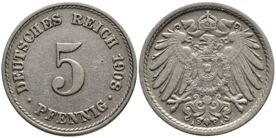 Германия 5 пфеннигов 1908 A KM 11, Jager 12, Weege 6 медно-никель 4547-463