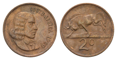 ЮАР 2 цента 1969 Ян ван Рибек (1619-1677), South Africa, легенда на английском, антилопа KM 66.1 бронза 4122-443