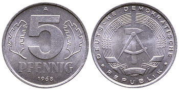 ГДР 5 пфеннигов 1968 А КМ 9.1 алюминий 4110-1763