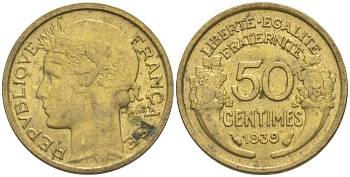 ФРАНЦИЯ 50 САНТИМОВ 1939 ТИП MORLON KM 894.1, LE FRANC 192.15 алюминиевая бронза 44-846