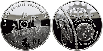 Франция 1 1/2 евро 2003 100 лет велогонкам Тур де Франс, велосипедист и детали велосипеда KM 1325 серебро PROOF 1095-3-44