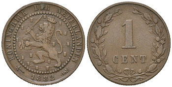 Нидерланды 1 цент 1882 Виллем III (1849-1890) KM 107 бронза 4154-427