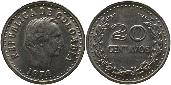 Колумбия 20 сентаво 1974 KM 246.1 сталь плакированная никелем 4529-811