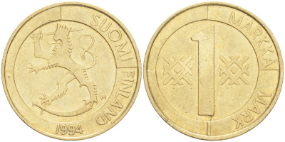 ФИНЛЯНДИЯ 1 МАРКА 1994 M KM 76 алюминиевая бронза 4556-443
