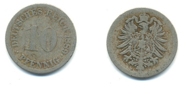 Германия 10 пфеннигов 1889 F, старогарбовка KM 4, Jager 4, Weege 7 медно-никель 4379-813