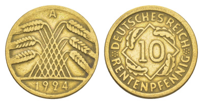 Германия 10 рентенпфеннигов 1924 A KM 33, J. 309 алюминиевая бронза 4164-1218