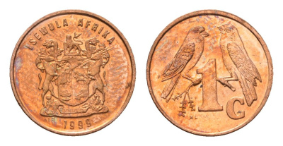 ЮАР 1 цент 1999 герб, капские воробьи KM 170 сталь плакированная медью UNC 4694-244