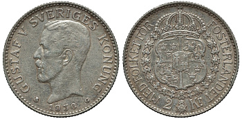 Швеция 2 кроны 1936 G, Густав V (1907-1950) KM 787 серебро 00-00