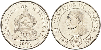 Гондурас 50 сентаво 1994 50 лет FAO, бюст касика Лемпира KM 88 сталь плакированная никелем UNC 4589-1254