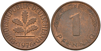 ФРГ 1 пфенниг 1976 D KM 105, J. 380 сталь плакированная медью    4598-549