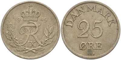 Дания 25 эре 1949 N; S, Фредерик IX (1947-1972) KM 842.1 медно-никель 67-912