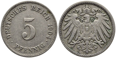 ГЕРМАНИЯ 5 ПФЕННИГОВ 1904 J KM 11, Jager 12, Weege 6 медно-никель 4547-442