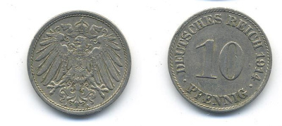 ГЕРМАНИЯ 10 ПФЕННИГОВ 1914 A KM 12, J. 13 медно-никель 58-417