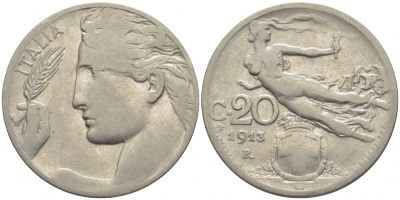 Италия 20 чентезимо 1913 R, Виктор Эммануил III (1900-1946) KM 44 никель 4448-225