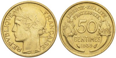 ФРАНЦИЯ 50 САНТИМОВ 1939 ТИП MORLON KM 894.1, LE FRANC 192.15 алюминиевая бронза 44-847