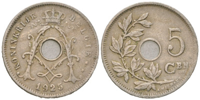Бельгия 5 сантимов 1925 BELGI?, Альберт I (1909-1934) KM 67 медно-никель 4617-644