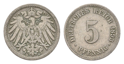 Германия 5 пфеннигов 1893 A, Вильгельм II (1888-1918) KM 11, J. 12 медно-никель 4632-766