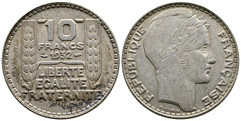 Франция 10 франков 1932 Пьер Тюрен KM 878, Le Franc 360.5 серебро 79-1543