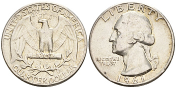 США 25 центов (квотер) 1961 Вашингтон KM 164 серебро 4146-1047