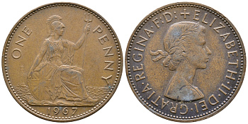 Великобритания 1 пенни 1967 Елизавета II (1952-2022) KM 897, Spink 4157 бронза 4364-4246