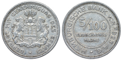 Германия, Гамбург 5/100 марки 1923 J.N38, Funck 637, KM TS2 алюминий 4121-237