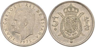 Испания 5 песет 1975 (79) Хуан Карлос I (1975-2014) KM 807 медно-никель 4155-641