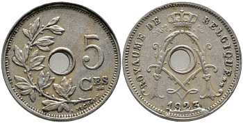 БЕЛЬГИЯ 5 САНТИМОВ 1923 BELGIQUE, БРАК ЗАГОТОВКИ, СМЕЩЕНИЕ ЦЕНТРАЛЬНОГО ОТВЕРСТИЯ KM 66 медно-никель 76-559