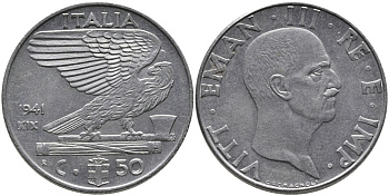 ИТАЛИЯ 50 ЧЕНТЕЗИМО 1941 R, ВИКТОР ИМАНУИЛ, XIX ГОД, МАГНИТНАЯ KM 76b нержавеющая сталь 89-423
