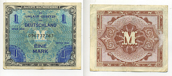 Германия, оккупация союзниками 1 марка 1944 9 цифр, без кода, выпуск СССР Pick 192 b бумага 7183-1-2-2