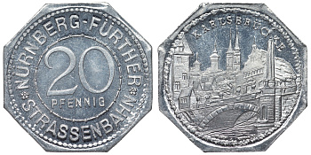 Германия, Нюрнберг - Фюрт 20 пфеннигов ND трамвайный жетон, Карлов мост алюминий UNC 4119-733