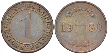 ГЕРМАНИЯ 1 РЕЙХСПФЕННИГ 1930 A KM 37, J. 313 бронза 116-757
