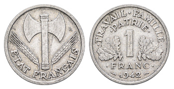 Франция 1 франк 1942 KM 902 алюминий 4539-912