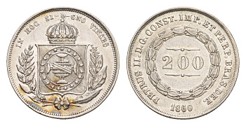 Бразилия 200 реалов 1860 тираж 28.000 экземпляров KM 469 серебро 413-2512