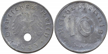 ГЕРМАНИЯ 10 РЕЙХСПФЕННИГОВ 1943 А KM 101, J. 371 цинк 4523-315